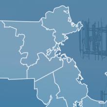 State of Massachusetts with counties outlined; a star locating Warwick and South Egremont, a cell tower