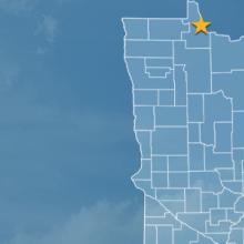 Map of Minnesota with a star over the town of Baudette; a cell tower