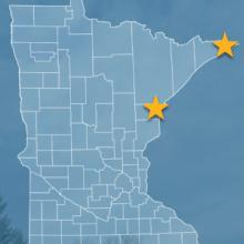 The state of Minnesota, with outlined county borders and two stars locating Cloquet and Hovland, Minnesota; a cell tower. The state of Minnesota, with outlined county borders and two stars locating Cloquet and Hovland, Minnesota; a cell tower.