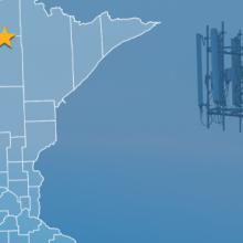 State of Minnesota with counties outlined; a star locating Togo, a cell tower