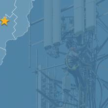 State of Vermont with counties outlined; stars locating Sheffield, Huntington and Mendon, a cell tower