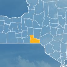 The State of New York, with outlined county borders; a cell tower.