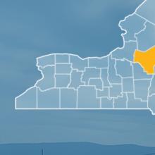 State of New York with counties outlined; highlighting Oneida County, a cell tower State of New York with counties outlined; highlighting Oneida County, a cell tower