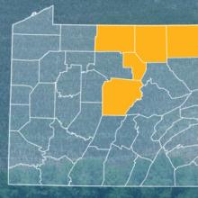 The state of Pennsylvania, with outlined county borders; a cell tower. The state of Pennsylvania, with outlined county borders; a cell tower.