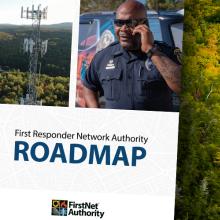 Aerial view of cell tower in a forest; cover of the 2023 FirstNet Authority Roadmap