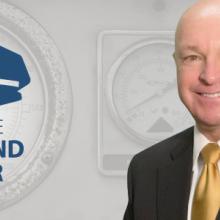 Fire service vehicle panel with dials; icon with chief’s hat and “From the Command Center”; headshot of Steve Wantz