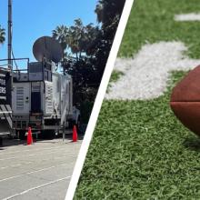 A FirstNet SatCOLT parked in Inglewood, California; a football in the middle of a stadium field