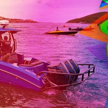 US Virgin Island Police speedboat on water in marina; yellow and pink transparent overlay merging into colorful carnival costume fabric