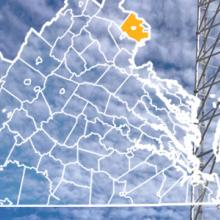 Map of State of Virginia, with outlined county borders; a cell tower Map of State of Virginia, with outlined county borders; a cell tower