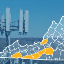 The state of Virginia, with outlined county borders; a cell tower.
