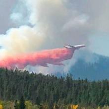 FirstNet Authority logo; “Best Practices: FirstNet use in wildland fire incidents;" plane releasing flame retardant over a forest
