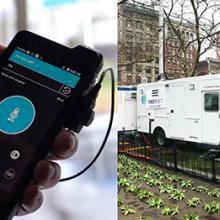 Two images: A hand holding an AT&T device displaying and app and an AT&T COW in Boston