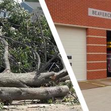 A car crushed by a fallen tree surrounded by branches and tree trunks; a Beavercreek Township fire truck leaves the fire station. A car crushed by a fallen tree surrounded by branches and tree trunks; a Beavercreek Township fire truck leaves the fire station.