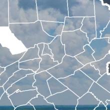 Map of Pennsylvania counties with Clinton County highlighted over image of broadband tower and clouds.