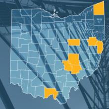 The FirstNet Network Expands Across Ohio to Advance Public Safety Communications Capabilities The state of Ohio, with outlined county borders; a cell tower.