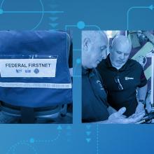 FirstNet Authority Workshops Help Public Safety Assess, Improve Operational Capabilities An interconnected network backdrop with six boxes each depicting public safety operations, including: responders setting up FirstNet equipment, a FirstNet Authority official talking to a responder in an mountainous area, a reflective safety vest that reads "Federal FirstNet", a FirstNet Authority official and a first responder sharing information on a mobile device, public safety official connecting a laptop to a FirstNet-supported system, and a truck pulling a portable compact rapid deployable in the snow.