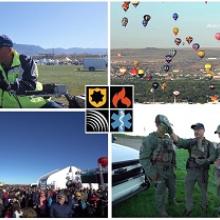 Four images from the International Balloon Fiesta in Albuquerque, NM: Two officers consult each other looking at their devices, hot air balloons rise over the city, a large crowd moves through the balloon fiesta fields, four police officers talk as one points with hot air balloons filling with air on the ground behind them  