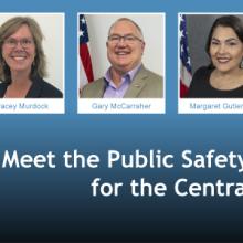 A map of the U.S. in blue with 14 states in the Central region in white next to headshots of the seven public safety advisors who represent those states and federally recognized tribes.