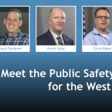 A map of the U.S. in blue with the seven states and territories of the West region in white and headshots of the seven public safety advisors who represent those states. 