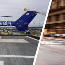 A University of Mississippi Medical Center helicopter on the roof of a medical facility and an ambulance driving on a city street.