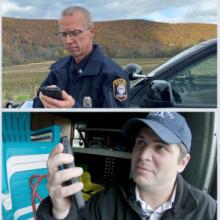 Public works official works on down electric wires near tree; police officer stands next to law enforcement vehicle and looks at mobile phone with large forested hill in background; firefighter in uniform holds tablet in front of fire engine; telecommunicator wearing headset sits at desk with multiple computer screens; public safety official holds up smartphone; emergency management services official looks at mobile device in back of ambulance with patient and equipment Public works official works on down electric wires near tree; police officer stands next to law enforcement vehicle and looks at mobile phone with large forested hill in background; firefighter in uniform holds tablet in front of fire engine; telecommunicator wearing headset sits at desk with multiple computer screens; public safety official holds up smartphone; emergency management services official looks at mobile device in back of ambulance with patient and equipment