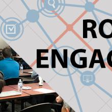 On the left, adults in a workshop style classroom listen to a speaker standing in front of a presentation, on the right are the words "Roadmap Engagement Phoenix, Arizona" and a graphic of a stylized network
