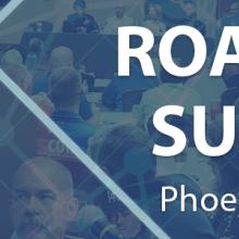Three images: In the first, FirstNet Authority Board Chair Edward Horowitz delivers a speech. In the second, Phoenix Police Chief Jeri Williams and Phoenix Fire Department Assistant Chief Scott Walker are seated at a table. The third shows a large crowd of public safety officials with a table of Phoenix public safety leaders seated at the front of the room. Overlaid is a graphic representation of a network. 