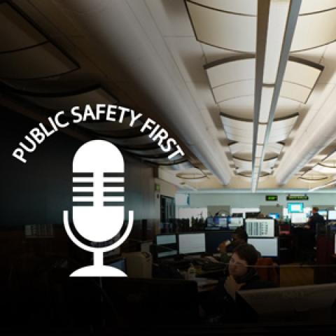 Emergency Communications Center dispatcher in front of monitor plus podcast/microphone logo