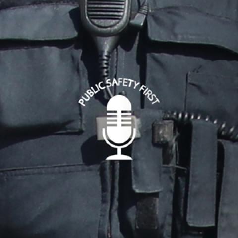 Law enforcement officer holds smartphone in hand; Public Safety First podcast logo