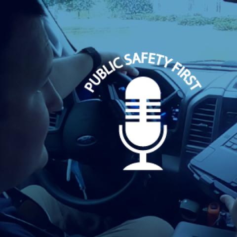 Public Safety First podcast logo; “Alabama Improving Damage Assessment with FirstNet”; emergency manager uses laptop in car