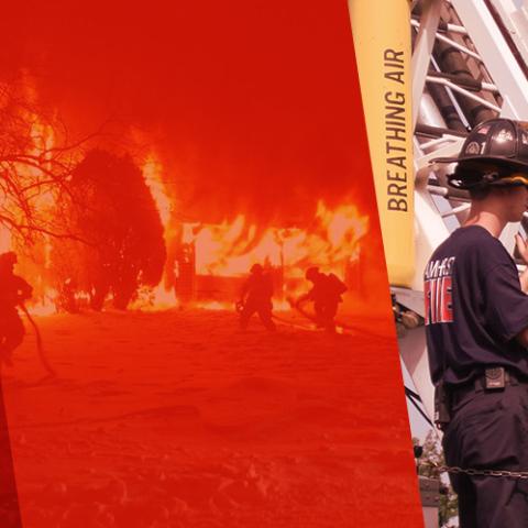  Public Safety First podcast logo; “Public Safety First”; silhouettes of three uniformed firefighters fighting a fire amongst trees; Four firefighters wearing fireman hats and uniforms stand with their back to the camera; “Amherst Fire” visible on the back of their shirts.