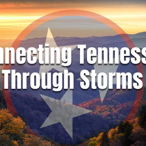Emblem from Tennessee flag, Tennessee mountains, a cell tower 