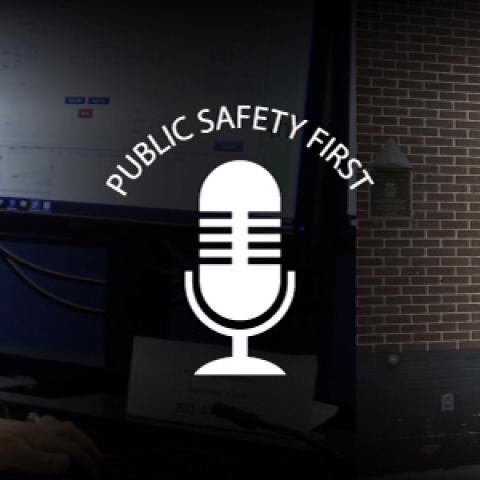 Public Safety First podcast logo; women facing computer screen and a fire truck
