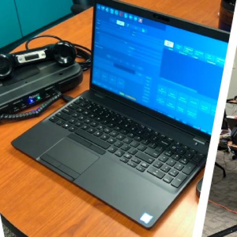 An Arlington 911 operator remotely taking calls in her home; a Palm Beach 911 remote go-bag with a phone and laptop; A group of Fulton County 911 operators remotely taking 911 calls