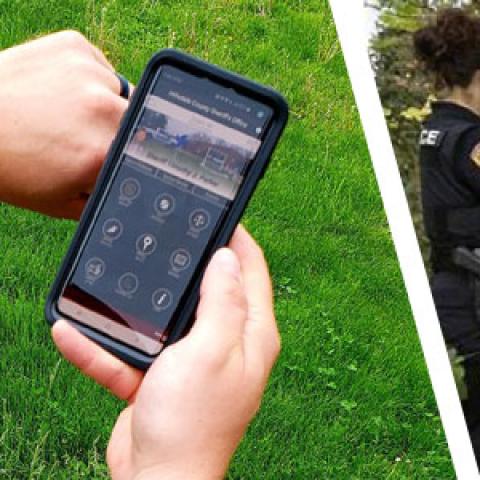 An officer shows a smartwatch and an app on his cell phone; a police officer and social work speak with an individual