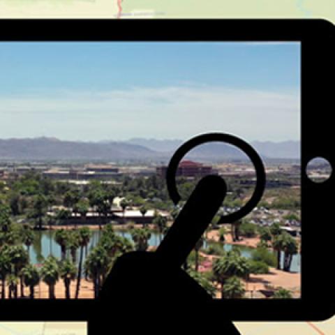 Public Safety First podcast icon, an icon of a finger touching a tablet screen with a photo of a river in Arizona in the back drop and text reading, “Emerging tech means smarter/faster response for Mesa PD” overlay a map of Mesa, Arizona.