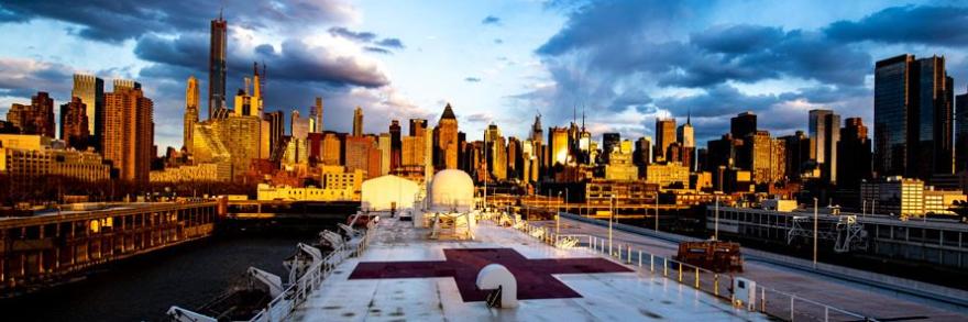 Navy medical ship deck with New York City skyline