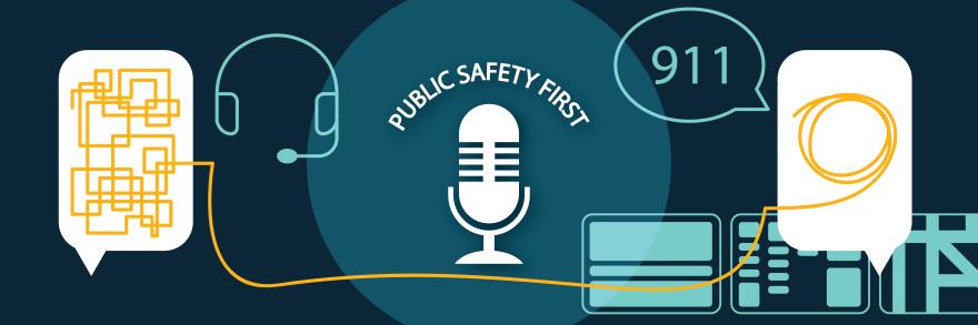 A speech bubble with a tangled line connects to a speech bubble with an organized line. 911 symbols. Public Safety First Podcast logo.