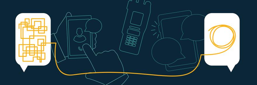 Speech bubbles expressing a complicated topic being made clear, drawings of smartphones and LMR radios showing push-to-talk capabilities