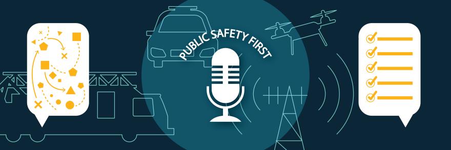 A speech bubble with jumbled shapes connects via a line to a speech bubble where there is an orderly checklist. The line crosses over a police cruiser, a fire services apparatus, a cell tower, and a drone. 