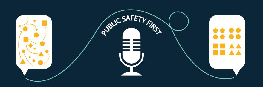 A microphone sits the middle speech box on the left has a variety of shapes and lines with arrows and a speech box on the right with organized shapes. The speech boxes are connected via a squiggly line.   