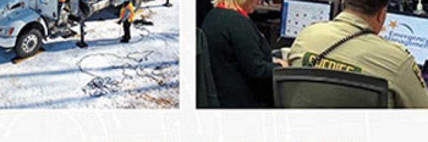 Emergency managers gathered around table to survey multiple maps; front cover of the FirstNet Authority’s Emergency Resource Guide.