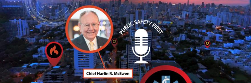 City landscape in the evening, Podcast Icon and Image (bubble)  of  Harlin McEwen, retired Police Chief and Former FirstNet Authority Public Safety Advisory Committee Chair