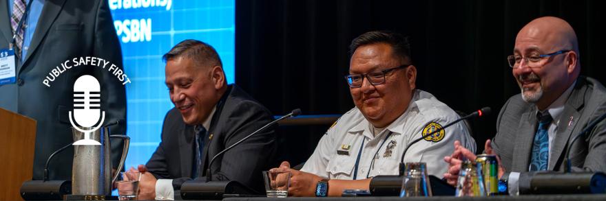 Public Safety First podcast icon; three tribal public safety leaders sit at table with microphones