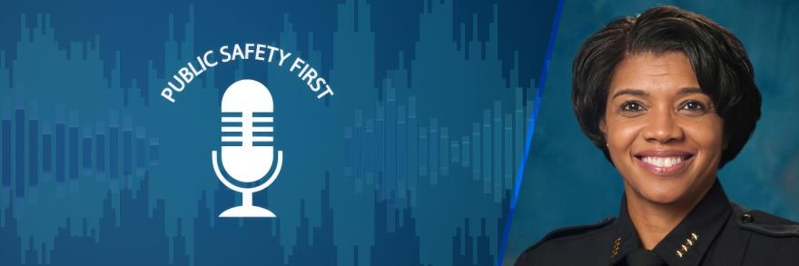 Public Safety First podcast logo; soundwaves; headshot of retired Phoenix Police Chief Jeri Williams