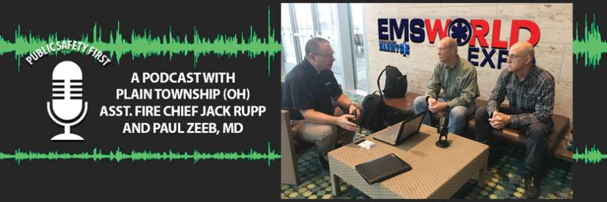 Senior EMS Advisor Brent Williams chats with Plain Township (OH) Assistant Fire Chief Jack Rupp and Dr. Paul Zeeb