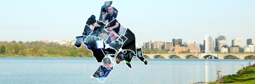 View of the Potomac River Green Bank and Washington DC skyline; map outline of Washington Metropolitan area; first responders