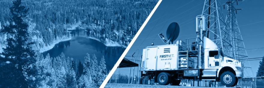 An aerial view of a body of water surrounded by trees. A FirstNet deployable Satellite Cell on Light Truck (SatCOLT).