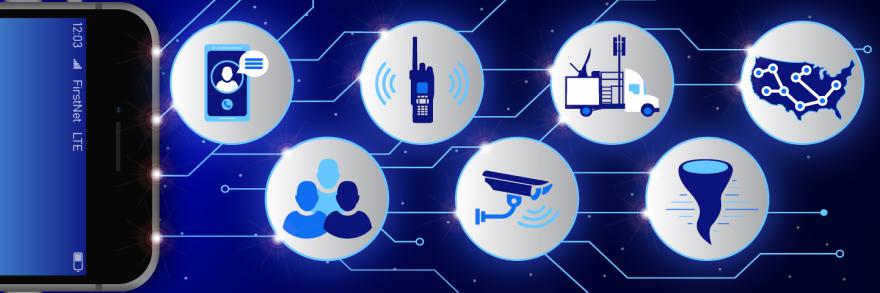 Representing a virtual emergency operations center (EOC), a FirstNet-equipped phone with lines connecting to icons representing various aspects of emergency response 