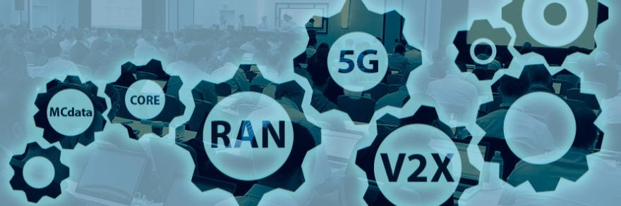 Photo of a 3GPP meeting room with people sitting at tables and working on computers, overlaid with gear icons and wireless network terminology: RAN, 5G, V2X, Core, MCdata.